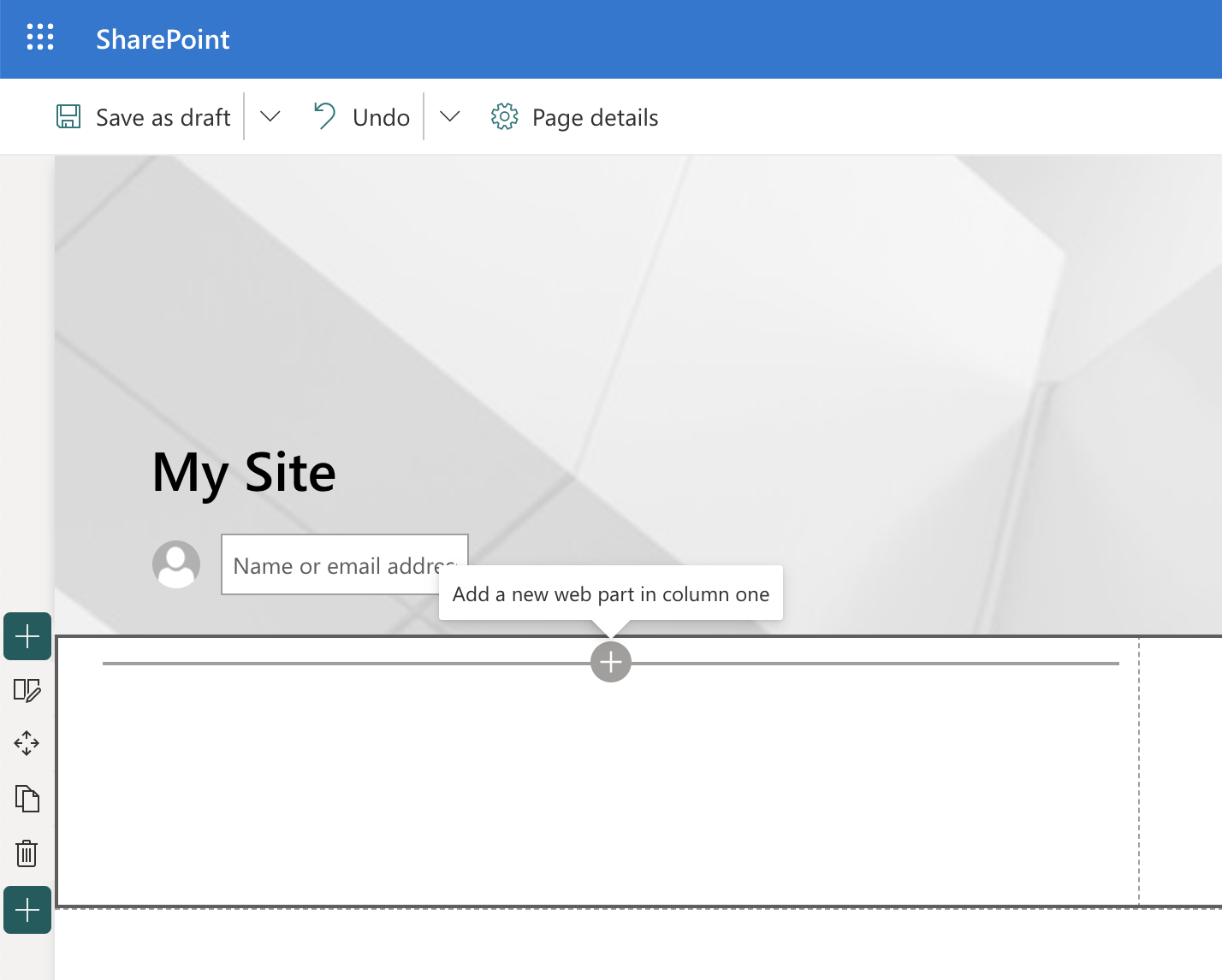 An example sharepoint site page showing how to add a new web part to the page